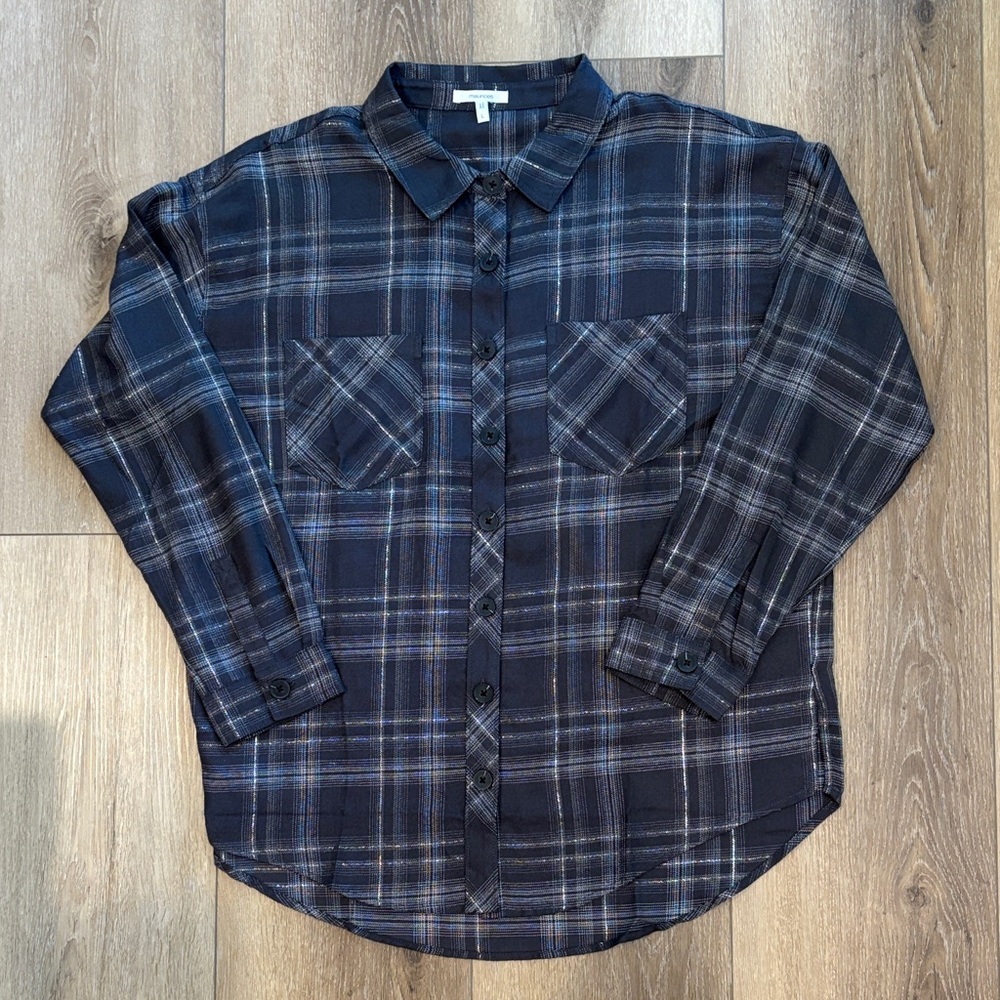 Maurice’s Women’s Black, Gray and Silver Plaid Button-Up Shirt